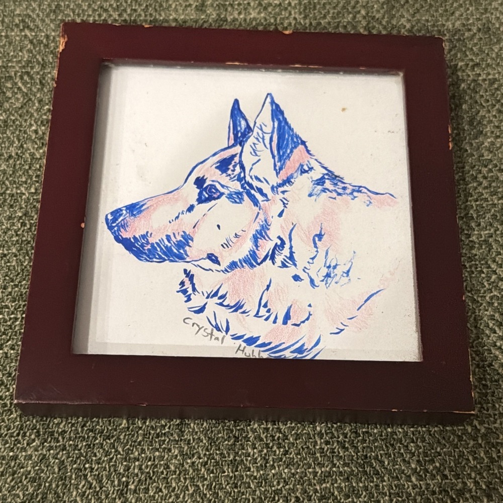 Original German Shepherd‎ Dog Art Framed Mini Drawing Signed Crystal Hubbard 3x3